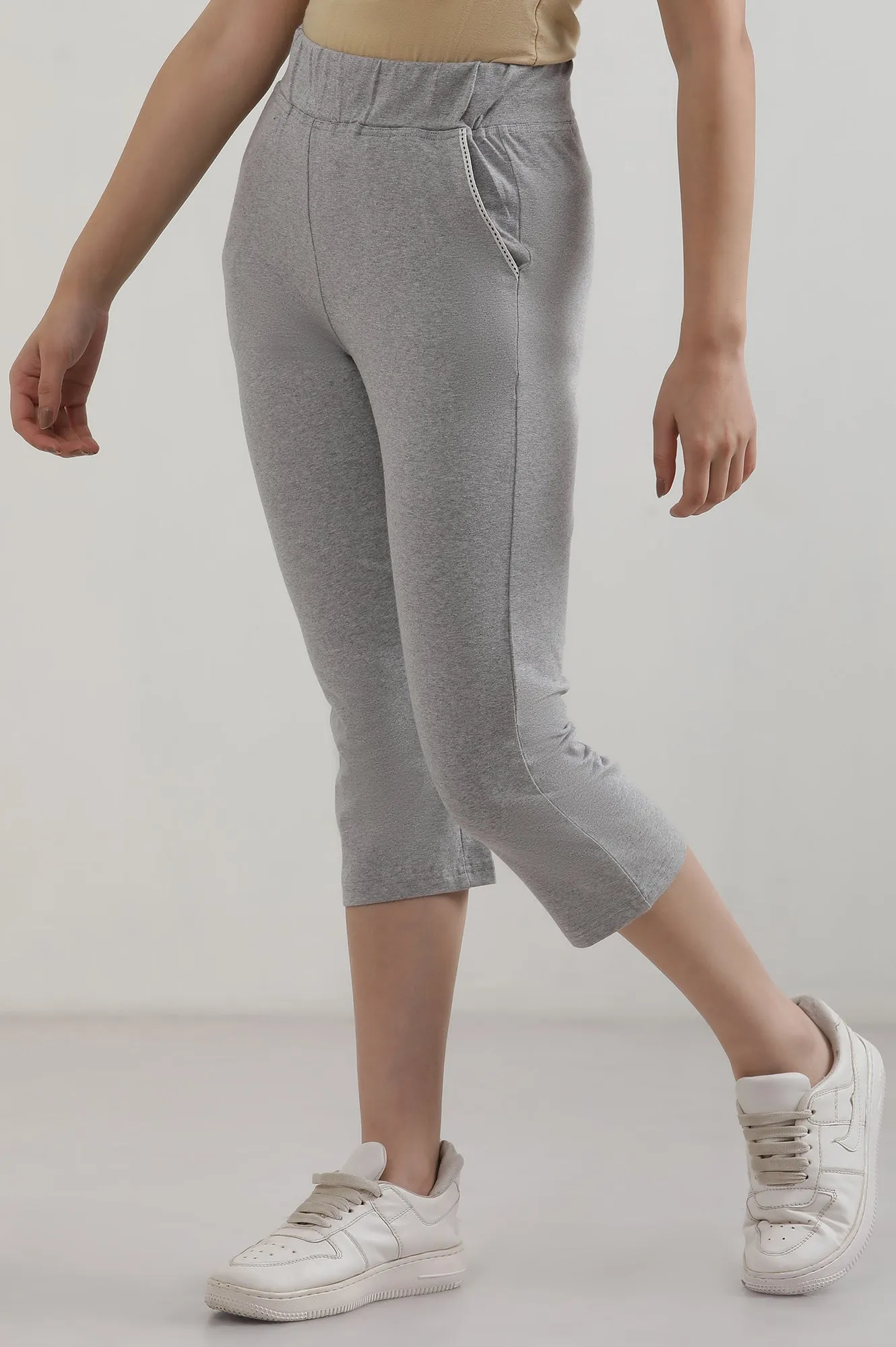 Grey Solid Cotton Blend Straight Culottes