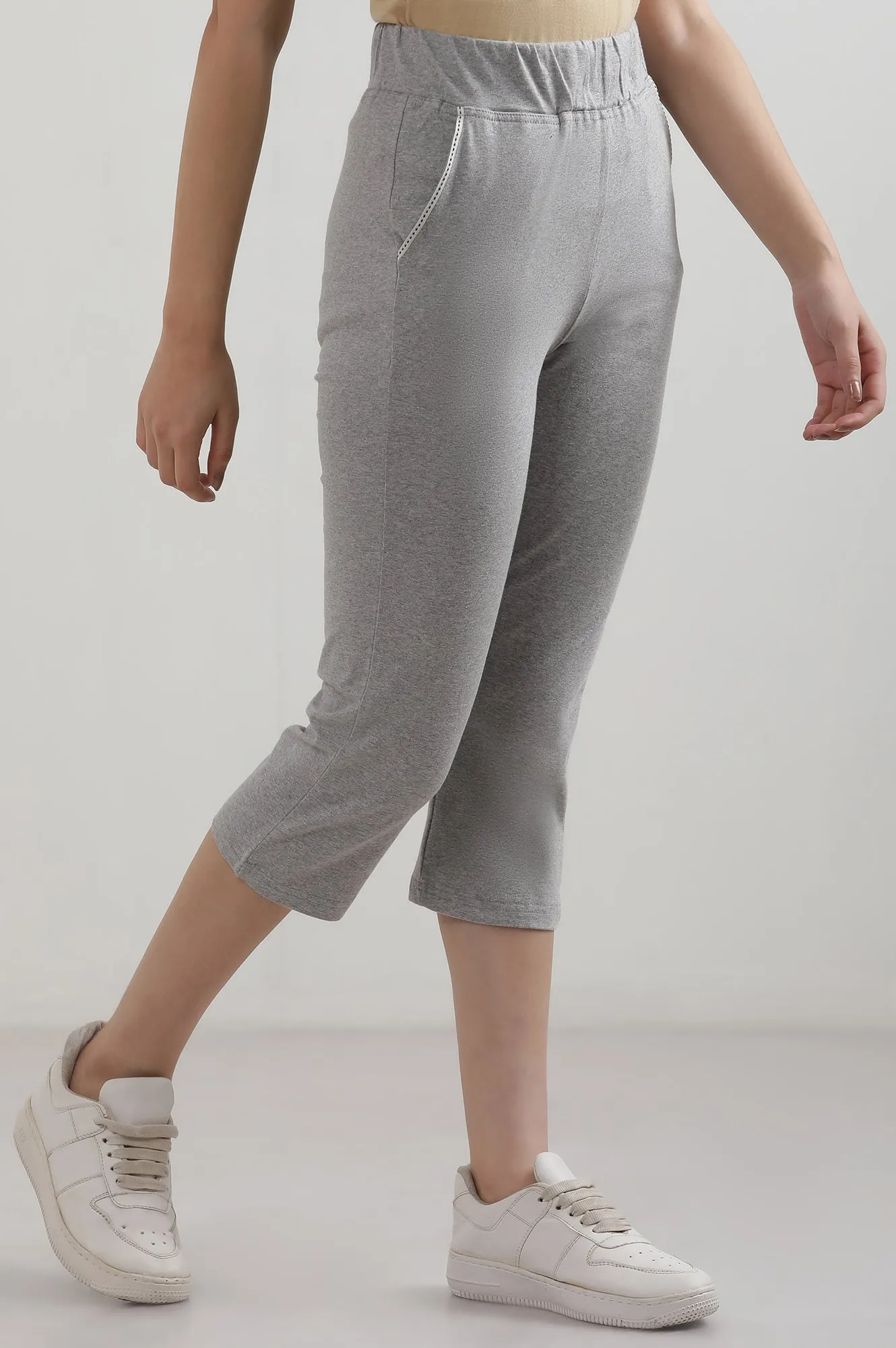Grey Solid Cotton Blend Straight Culottes