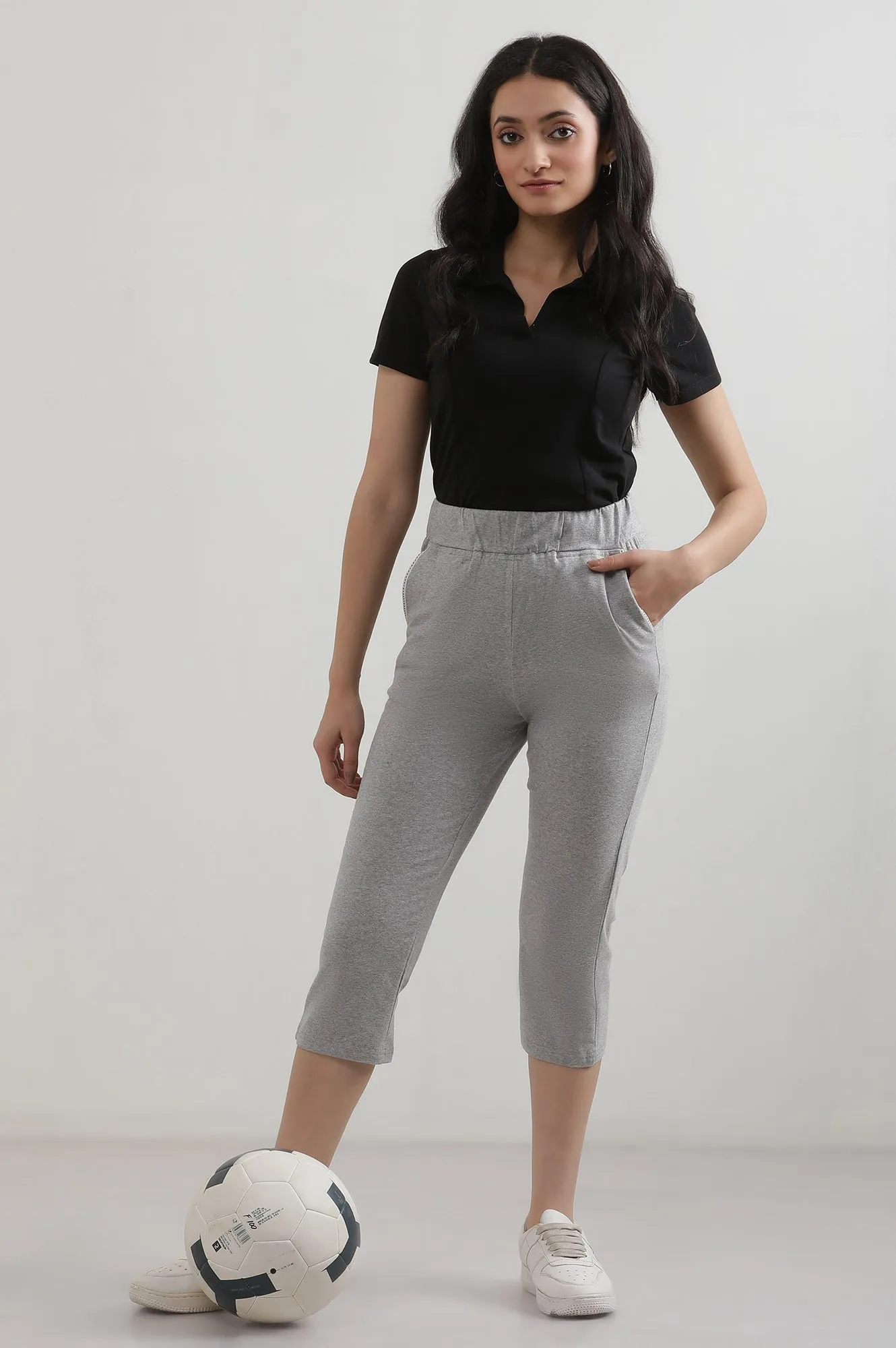 Grey Solid Cotton Blend Straight Culottes