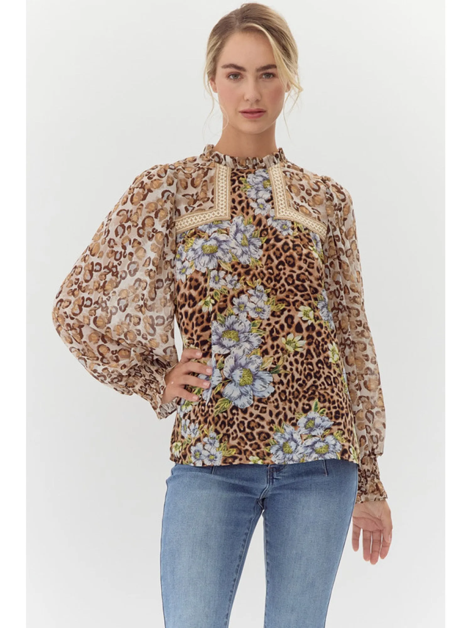 Hailey Mixed Print Chiffon Balloon Sleeve Top