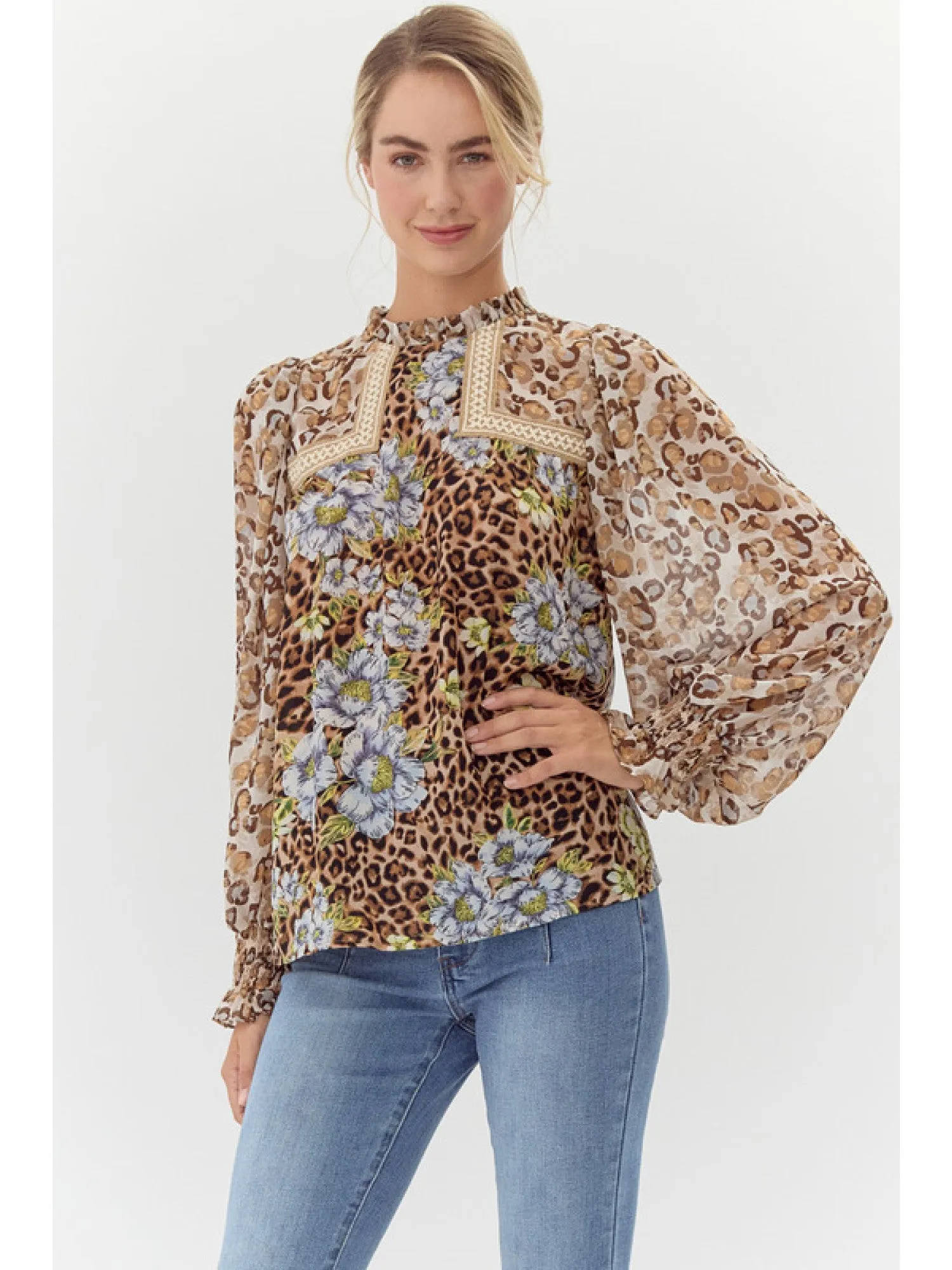Hailey Mixed Print Chiffon Balloon Sleeve Top