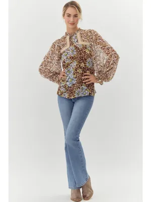 Hailey Mixed Print Chiffon Balloon Sleeve Top