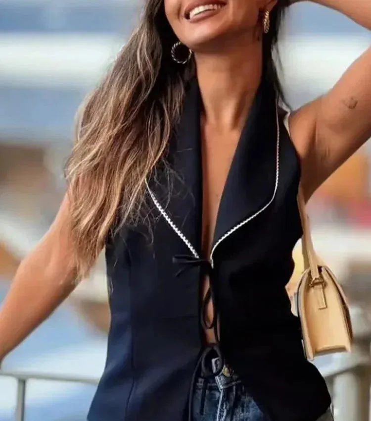 Halter Top Solid Bow Backless Short Vest