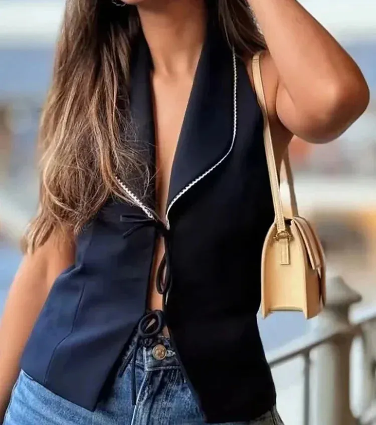 Halter Top Solid Bow Backless Short Vest