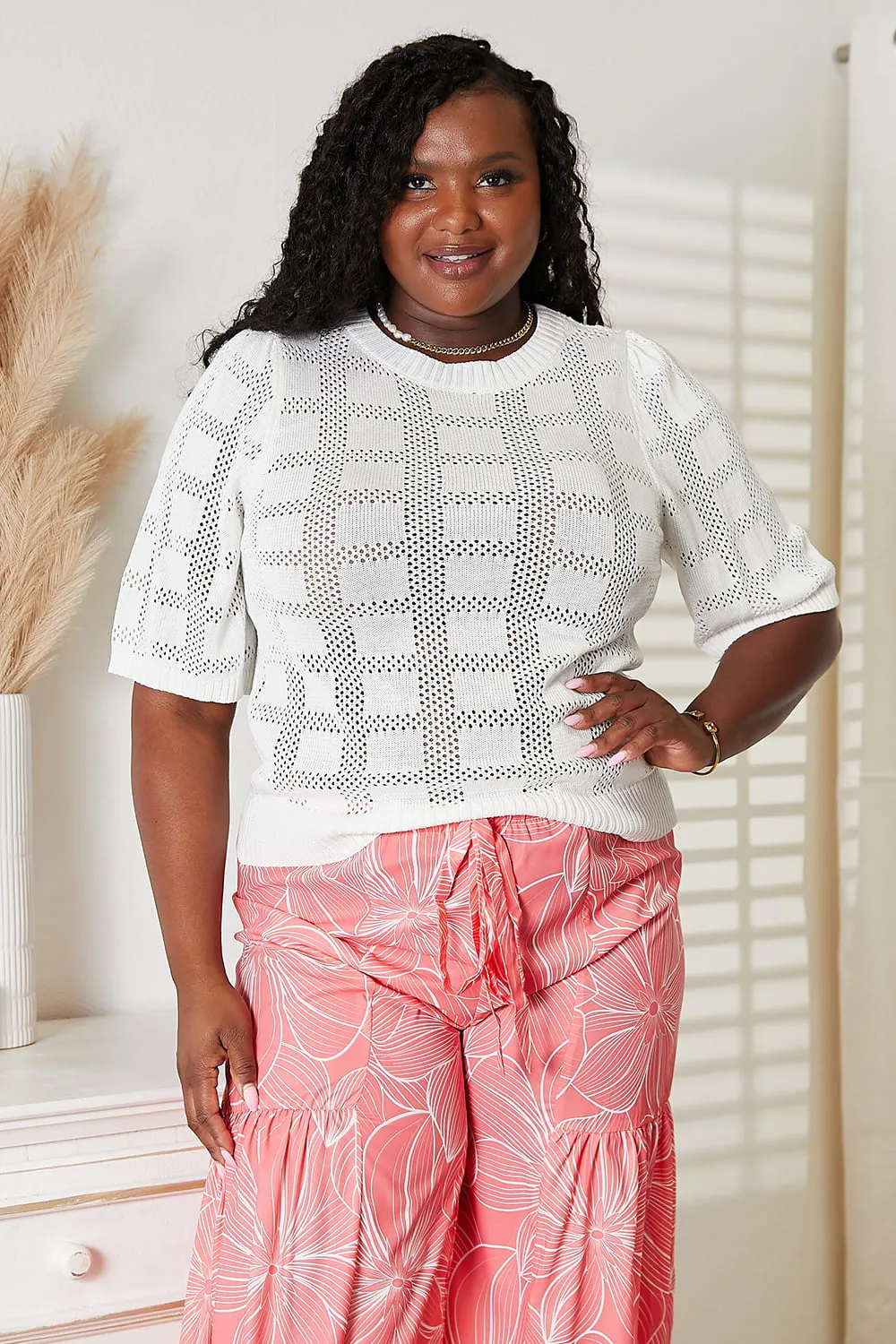 Hazel Blues® |  Double Take Ribbed Trim Round Neck Knit Top