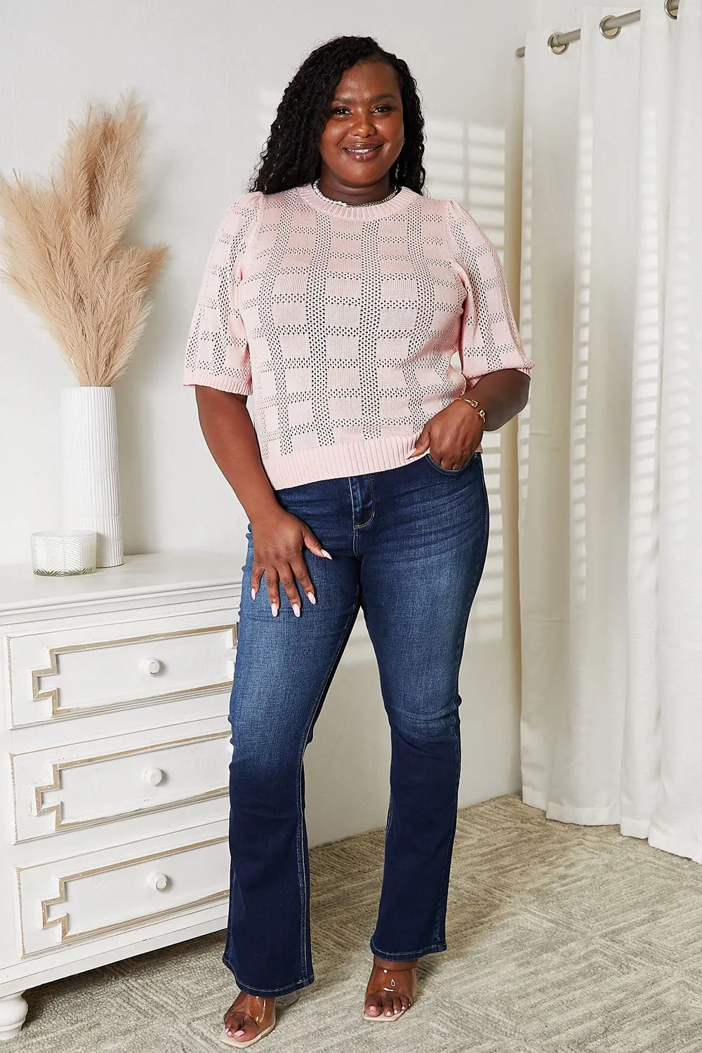 Hazel Blues® |  Double Take Ribbed Trim Round Neck Knit Top