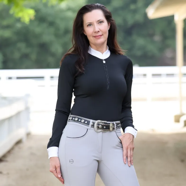 Heidi - Long Sleeve Riding Top with Crystal Fabric Trim