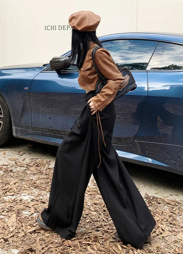 High Waist Wide Leg Trousers in Black & Gray | Lightweight Drawstring Summer Pants