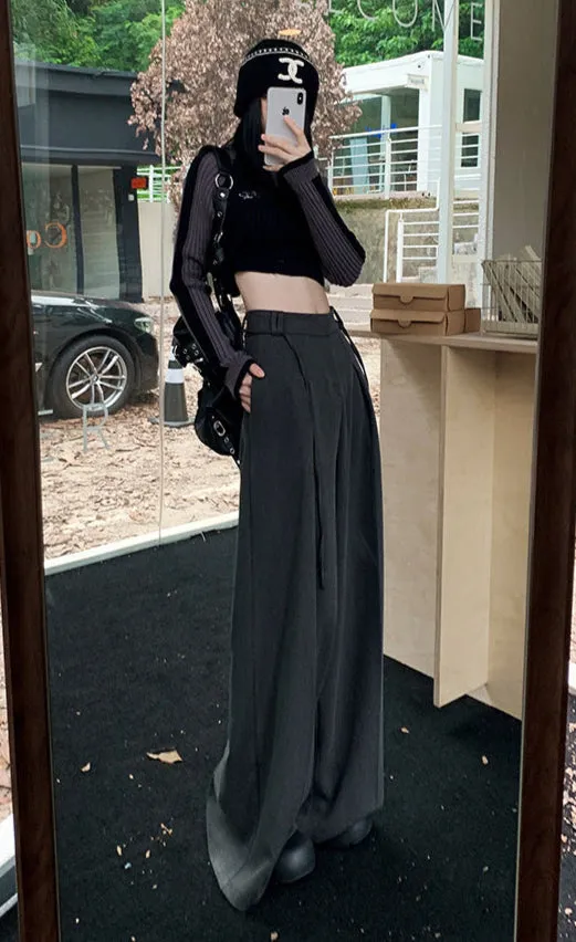 High Waist Wide Leg Trousers in Black & Gray | Lightweight Drawstring Summer Pants