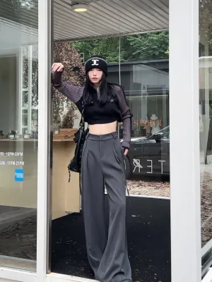 High Waist Wide Leg Trousers in Black & Gray | Lightweight Drawstring Summer Pants