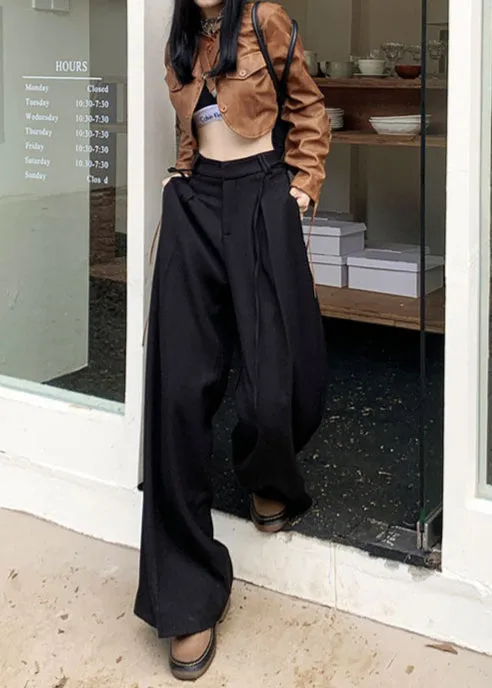 High Waist Wide Leg Trousers in Black & Gray | Lightweight Drawstring Summer Pants
