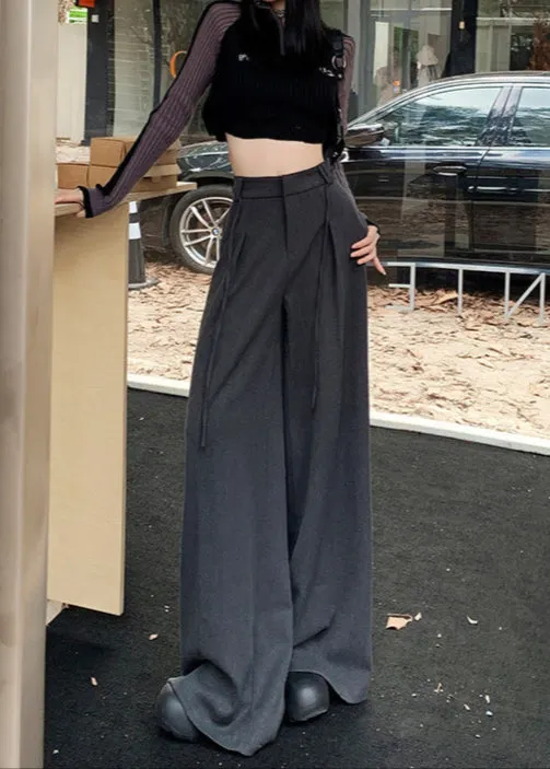 High Waist Wide Leg Trousers in Black & Gray | Lightweight Drawstring Summer Pants