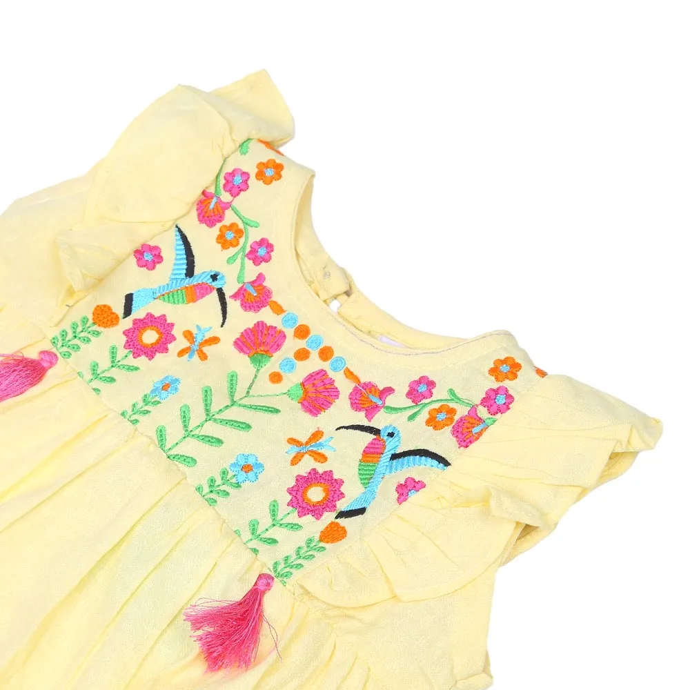 Infant Girls Embroided Top Exotic Bird - Lemon | Bachaa Party Baby Clothes Girls Tops & T-Shirts