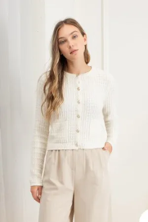 Ivory Round Neck Textured Button Down Cardigan