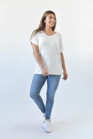Ivory V Neck with Front Pocket Easy Fit Tee