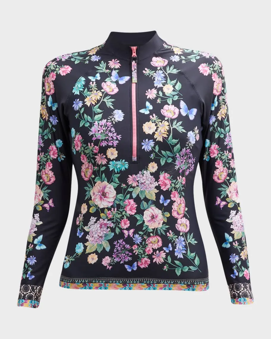 Johnny Was Butterfly Surf Shirt Swimwear Zipper Long Floral Black Rash Guard NEW