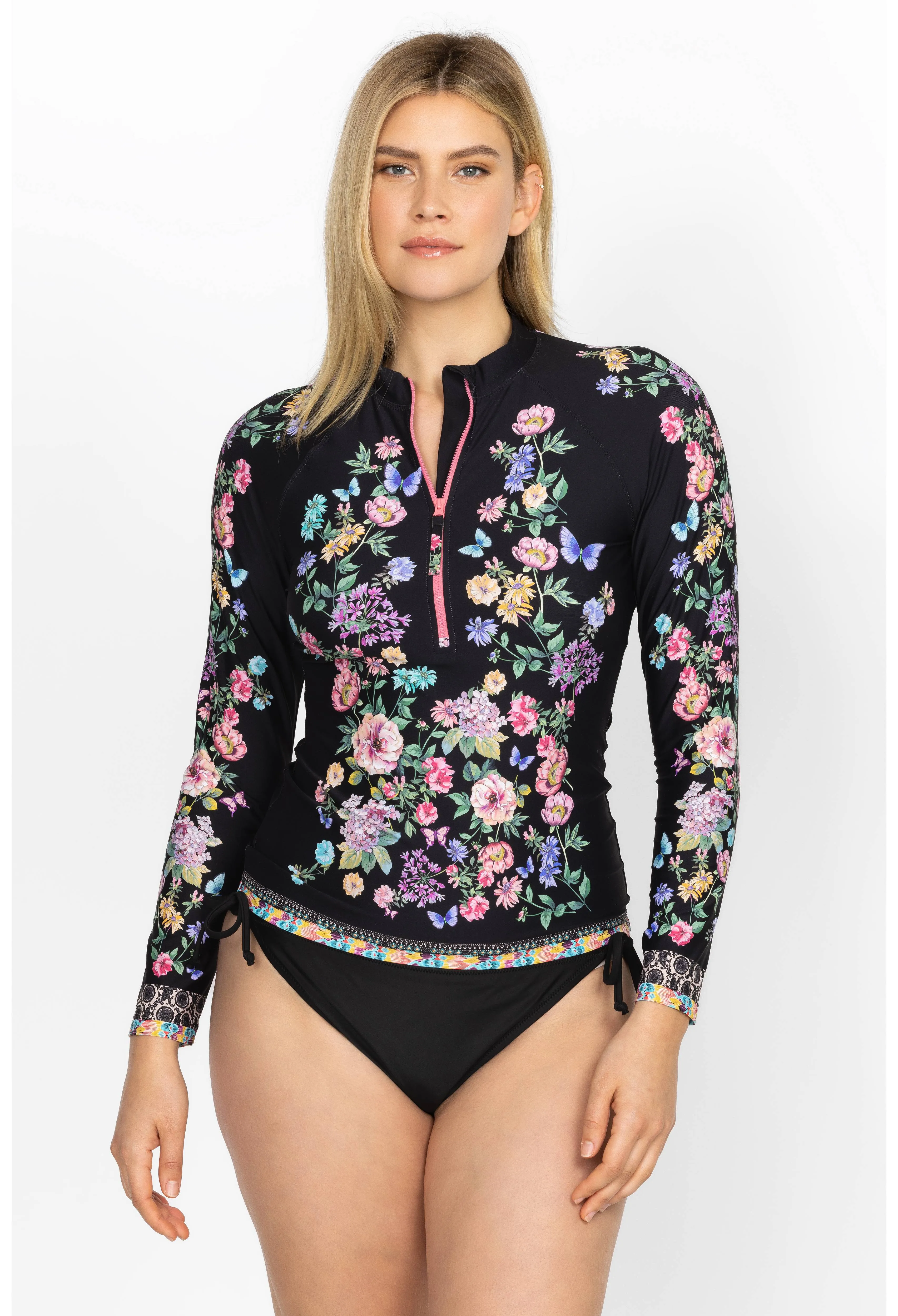 Johnny Was Butterfly Surf Shirt Swimwear Zipper Long Floral Black Rash Guard NEW