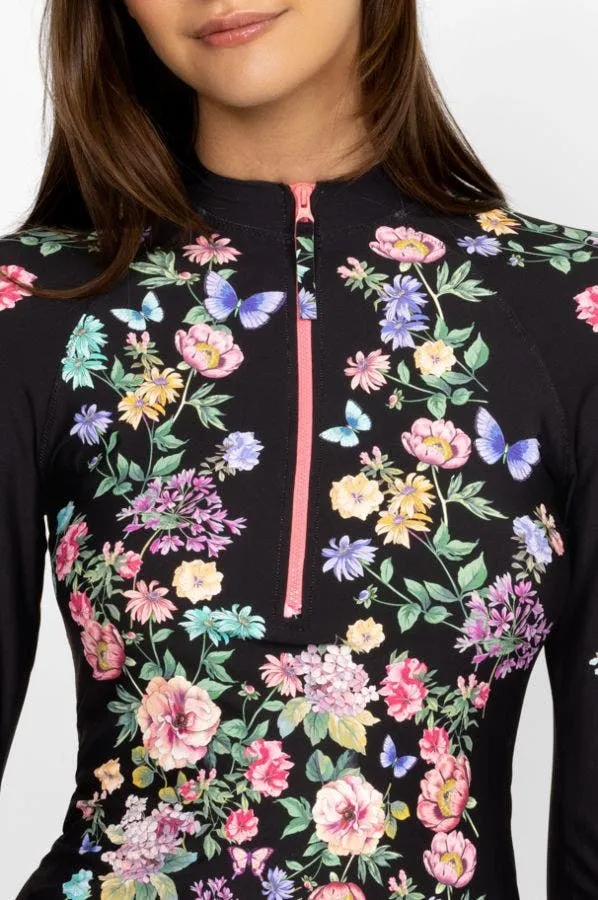 Johnny Was Butterfly Surf Shirt Swimwear Zipper Long Floral Black Rash Guard NEW