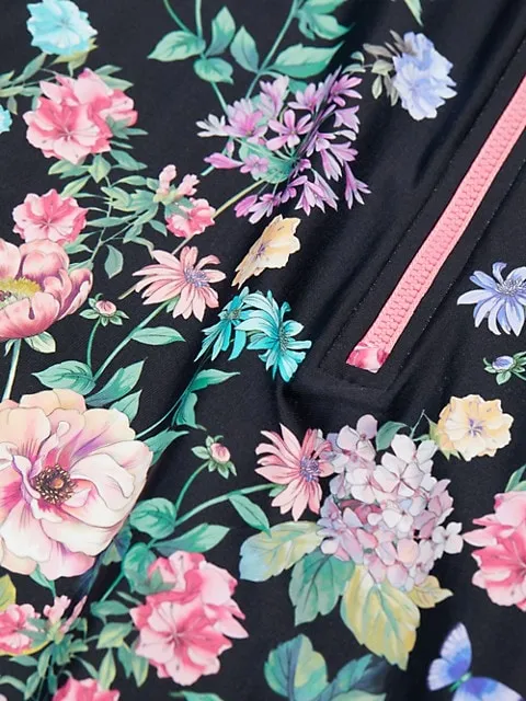 Johnny Was Butterfly Surf Shirt Swimwear Zipper Long Floral Black Rash Guard NEW