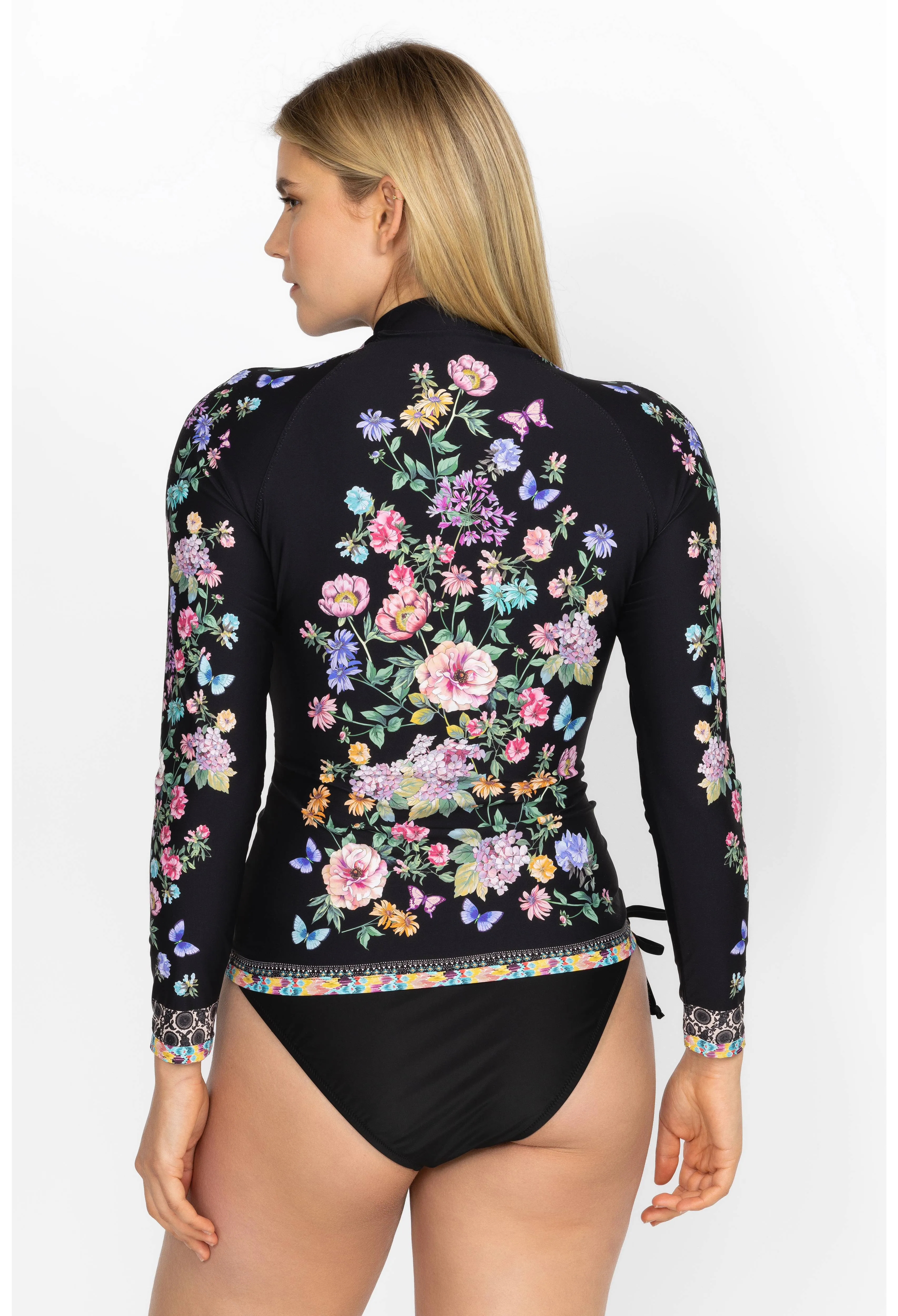 Johnny Was Butterfly Surf Shirt Swimwear Zipper Long Floral Black Rash Guard NEW