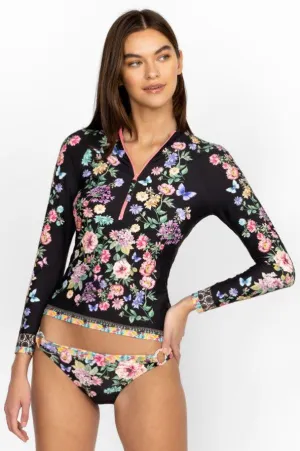 Johnny Was Butterfly Surf Shirt Swimwear Zipper Long Floral Black Rash Guard NEW