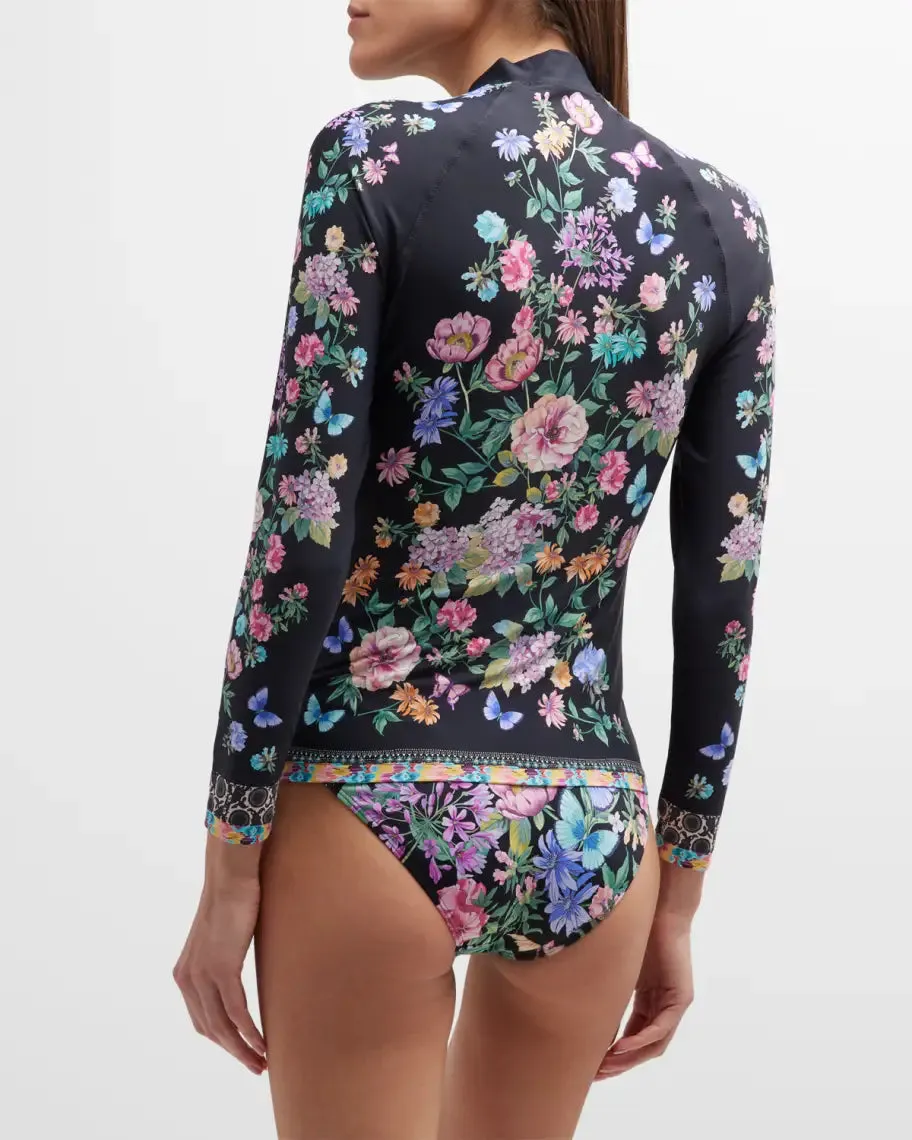 Johnny Was Butterfly Surf Shirt Swimwear Zipper Long Floral Black Rash Guard NEW