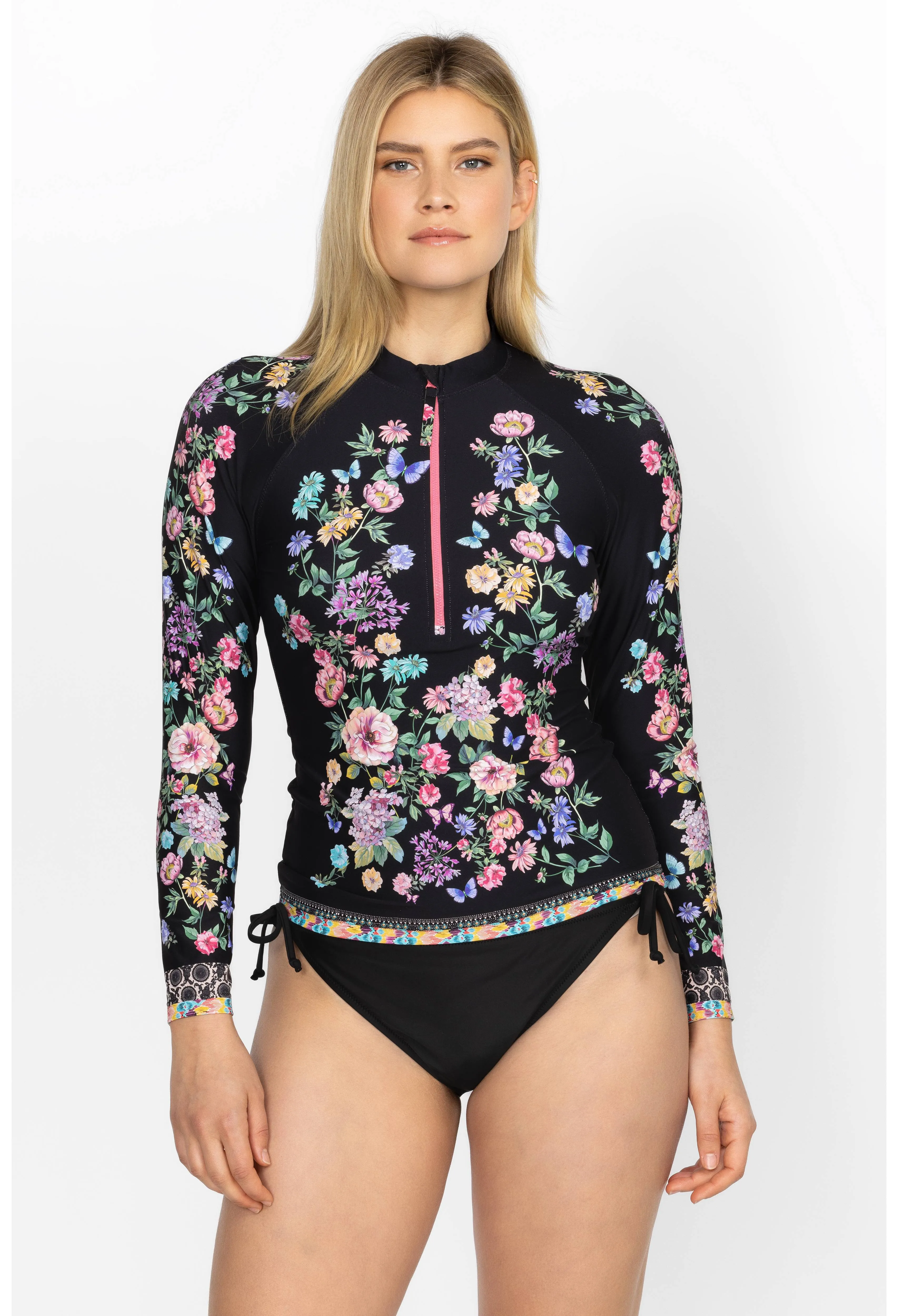 Johnny Was Butterfly Surf Shirt Swimwear Zipper Long Floral Black Rash Guard NEW