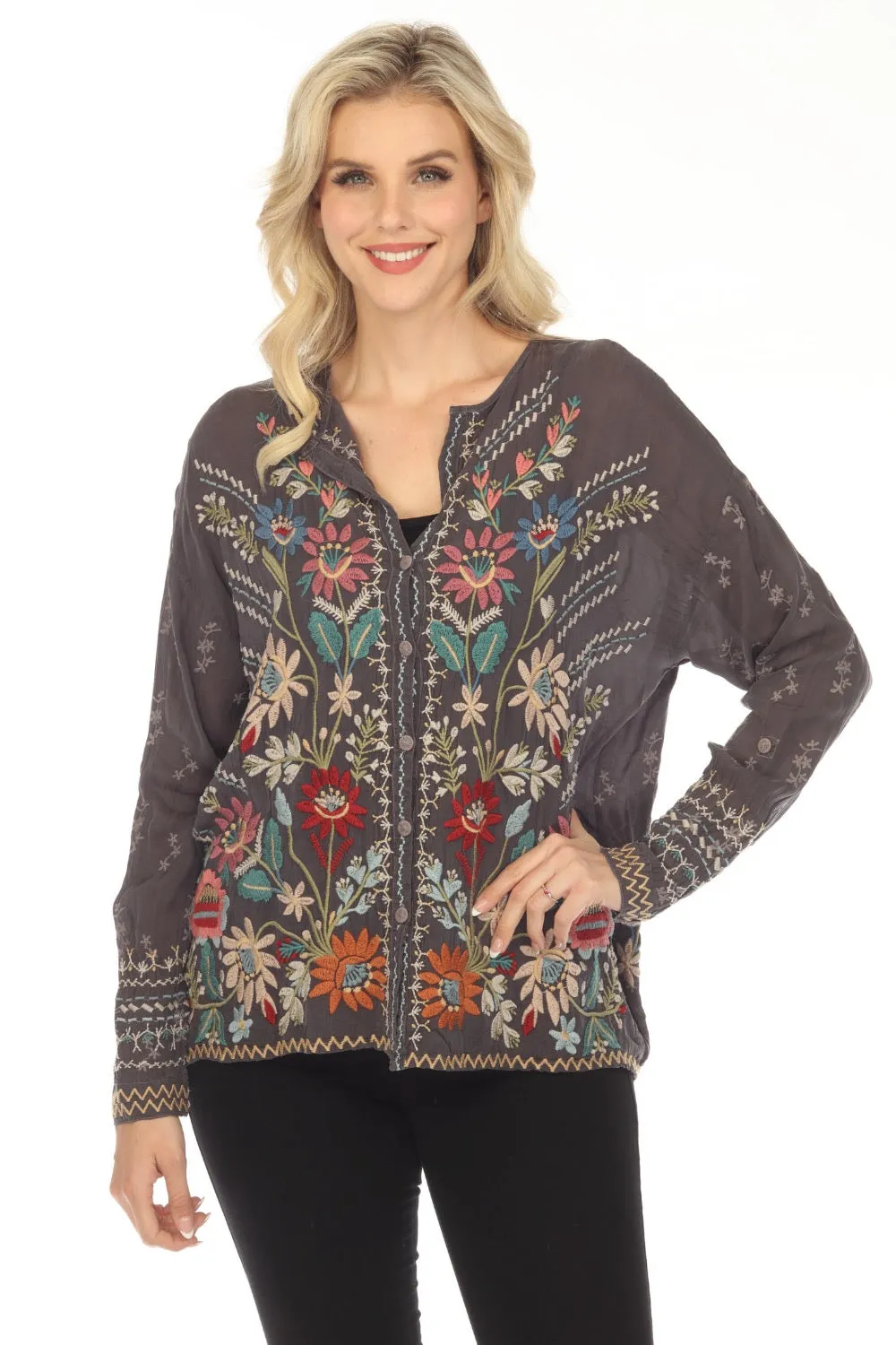 Johnny Was Cassia Button-Down Floral Embroidered Blouse Boho Chic C17823 *