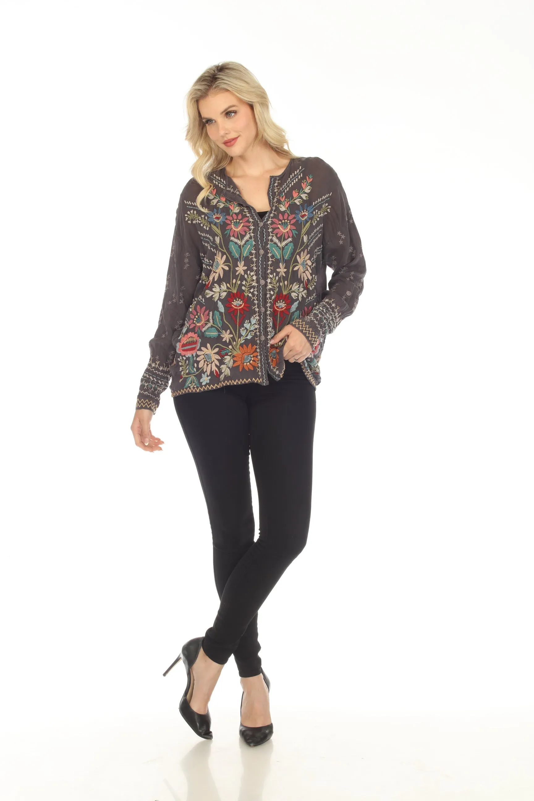 Johnny Was Cassia Button-Down Floral Embroidered Blouse Boho Chic C17823 *