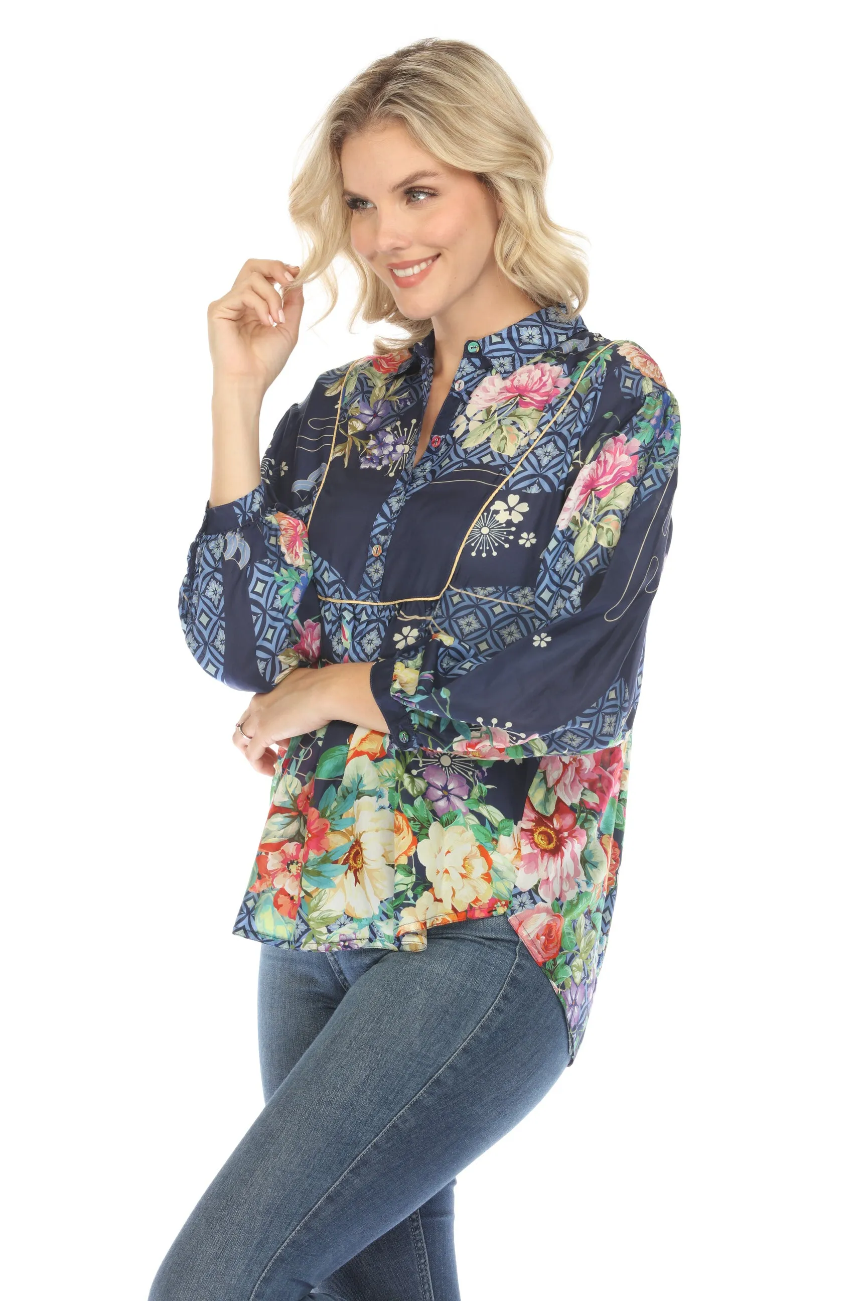 Johnny Was Fanny Ailana Silk Floral Blouse Boho Chic C11624B2