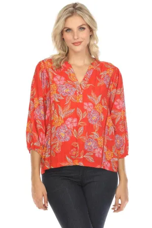 Johnny Was Floral Print 3/4 Sleeve V-Neck Top R11324 Boho Chic