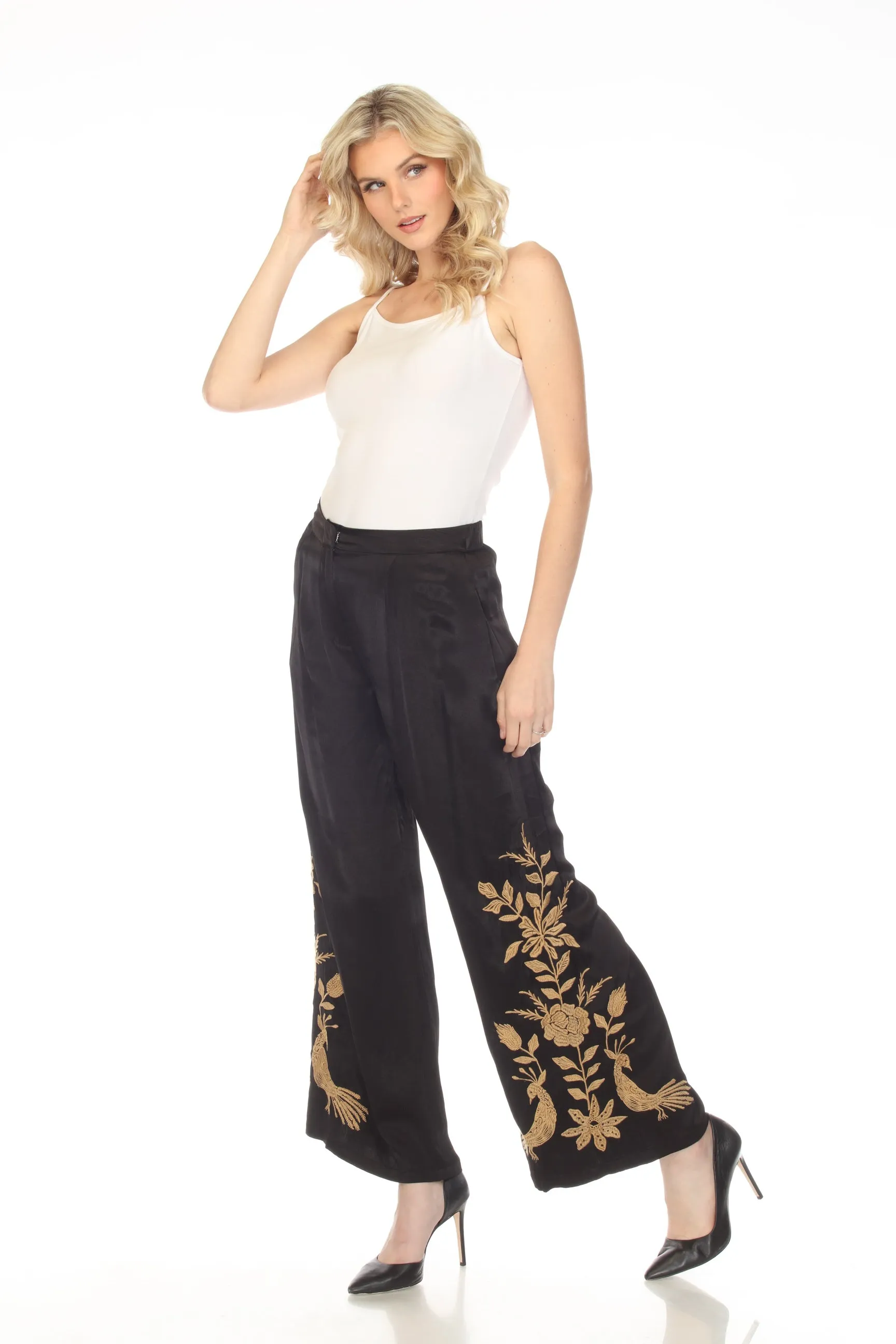 Johnny Was Workshop Black Martina Embroidered Wide-Leg Pants Chic W68422