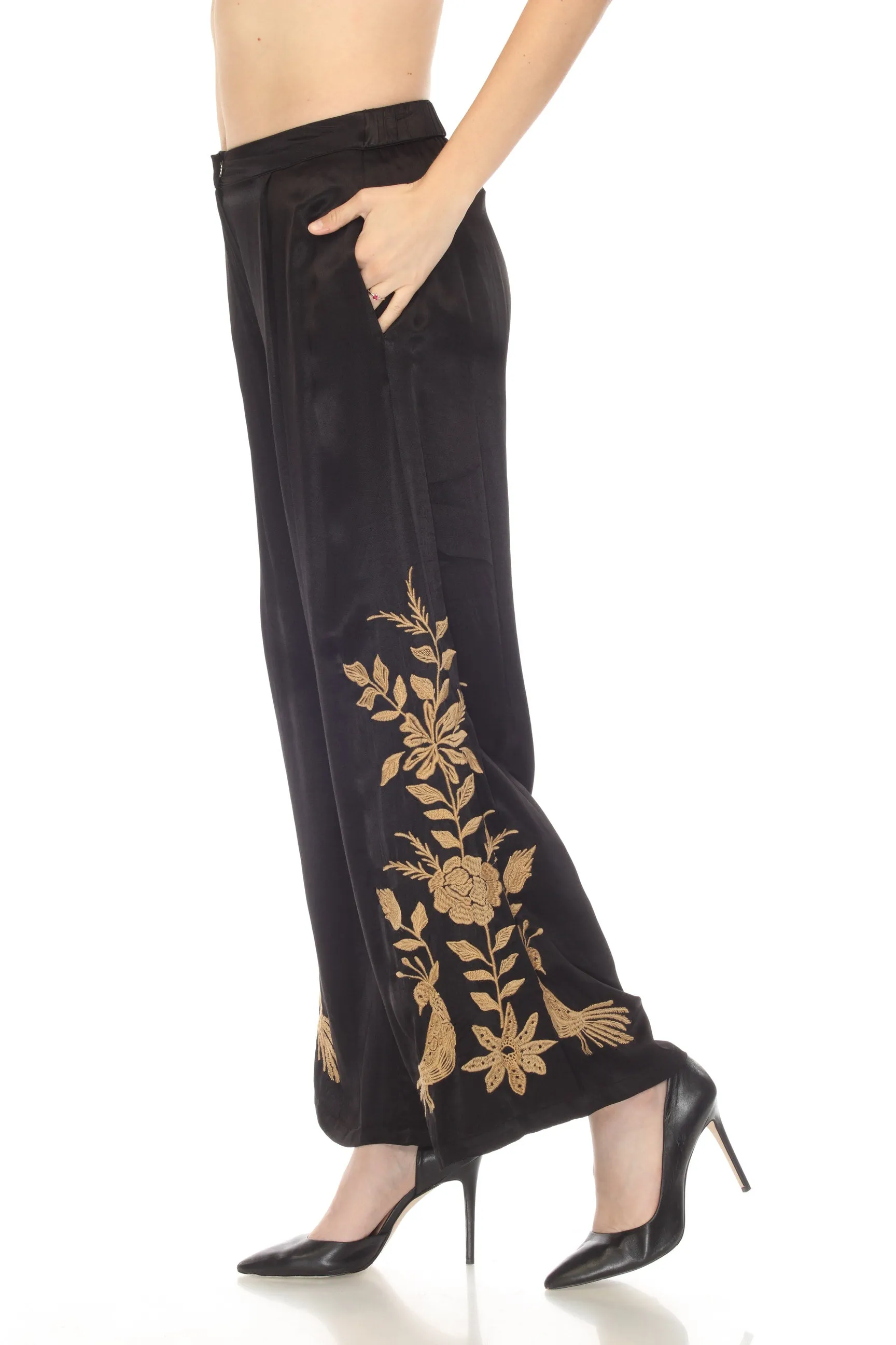 Johnny Was Workshop Black Martina Embroidered Wide-Leg Pants Chic W68422