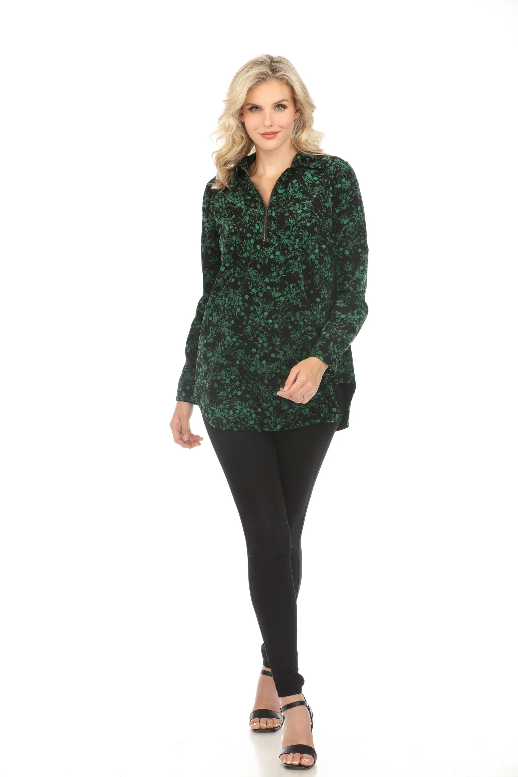 Johnny Was Workshop Green/Black Floral Zip Front Long Sleeve Top Boho Chic W28223