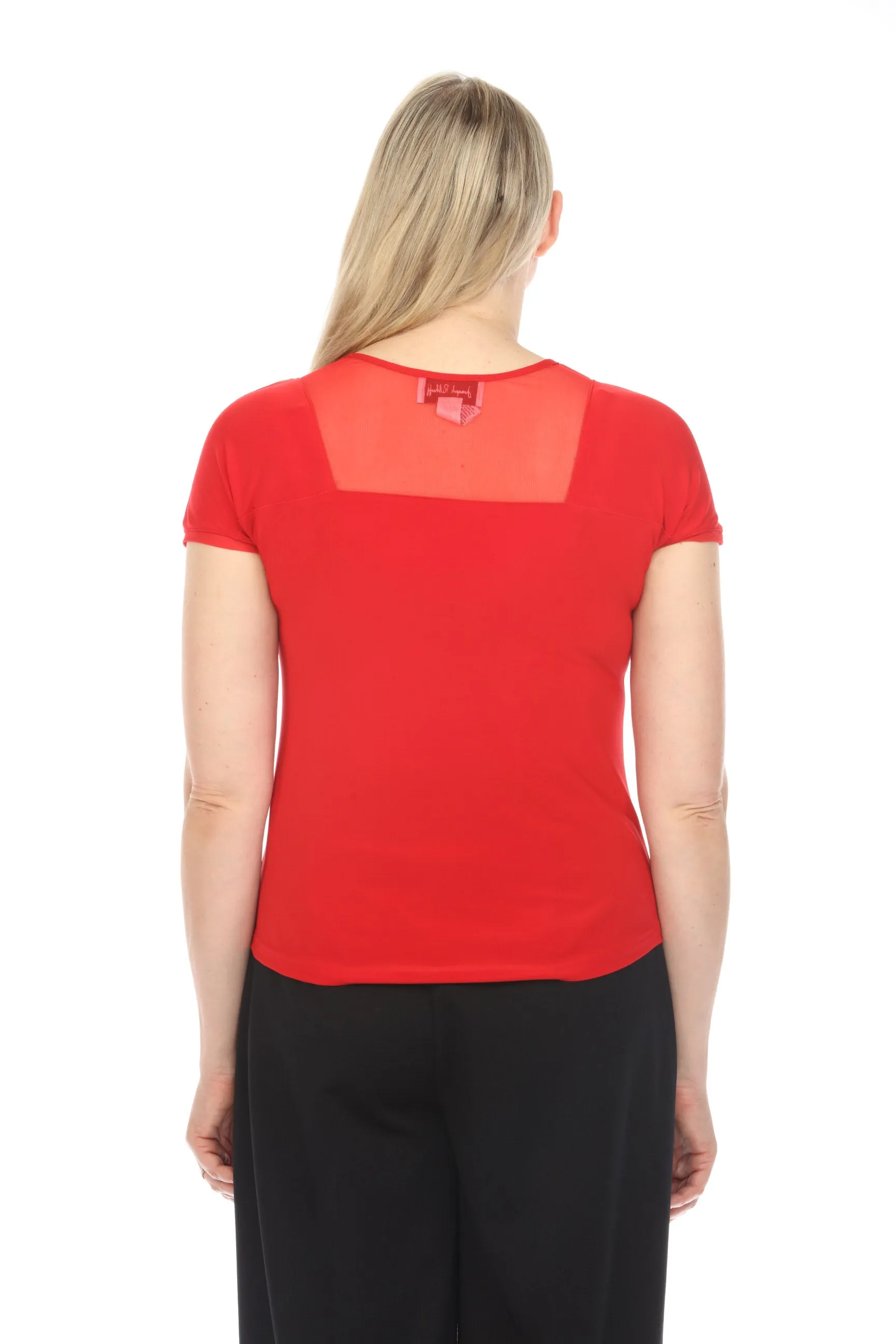 Joseph Ribkoff Radiant Red Sheer Insert V-Neck Short Sleeve T-Shirt 241088