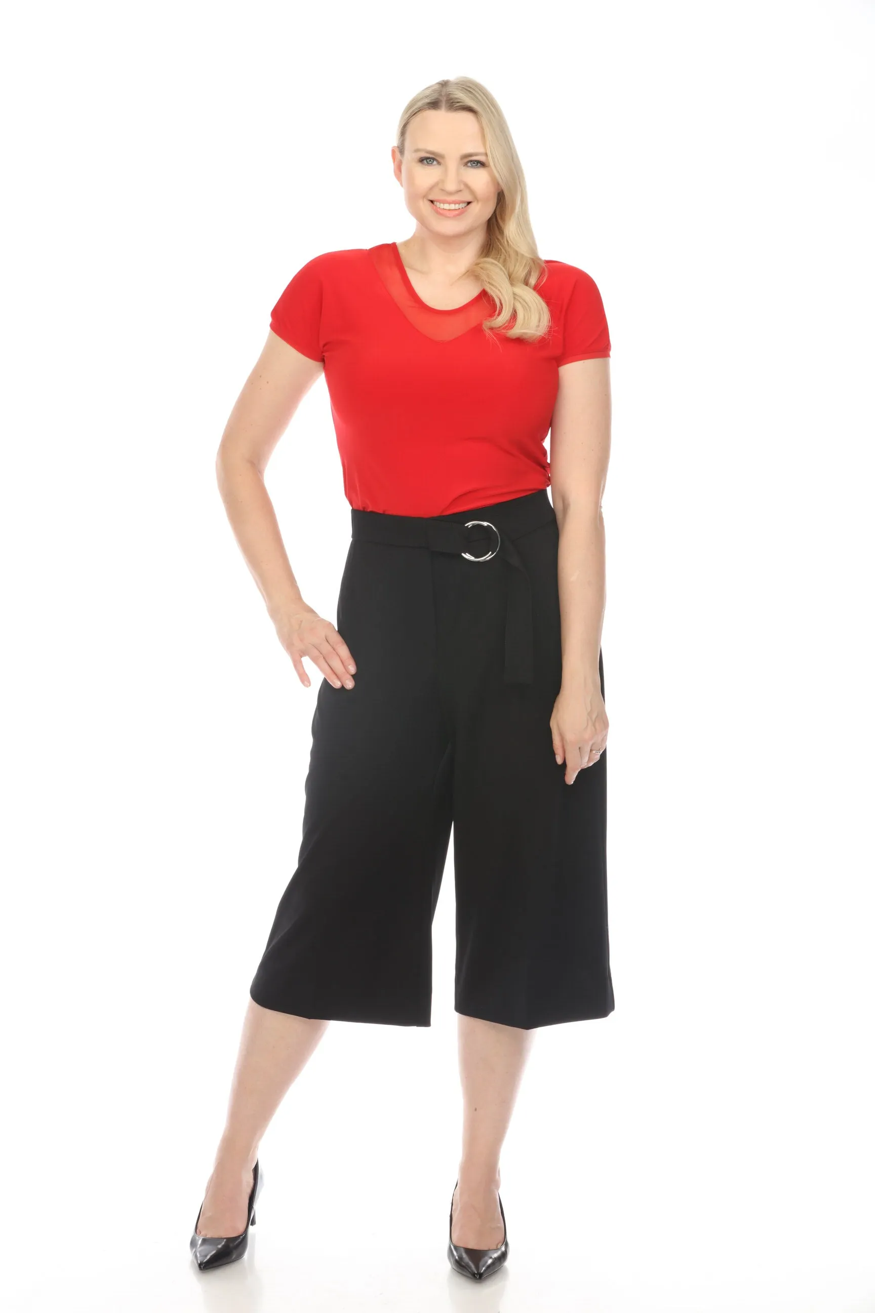 Joseph Ribkoff Radiant Red Sheer Insert V-Neck Short Sleeve T-Shirt 241088