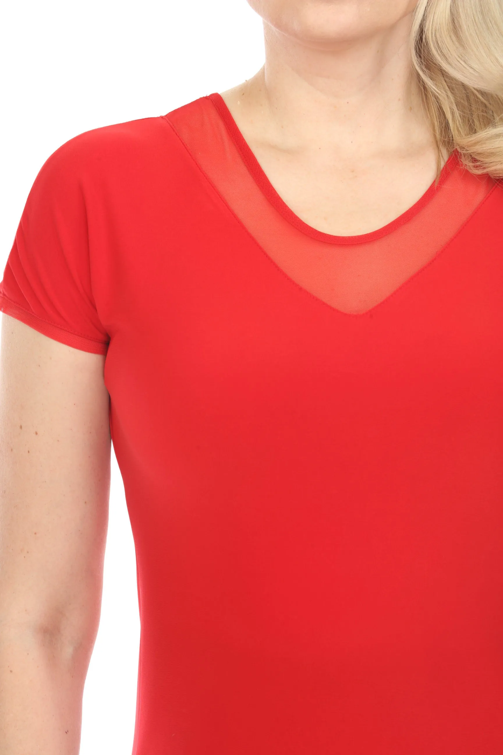 Joseph Ribkoff Radiant Red Sheer Insert V-Neck Short Sleeve T-Shirt 241088