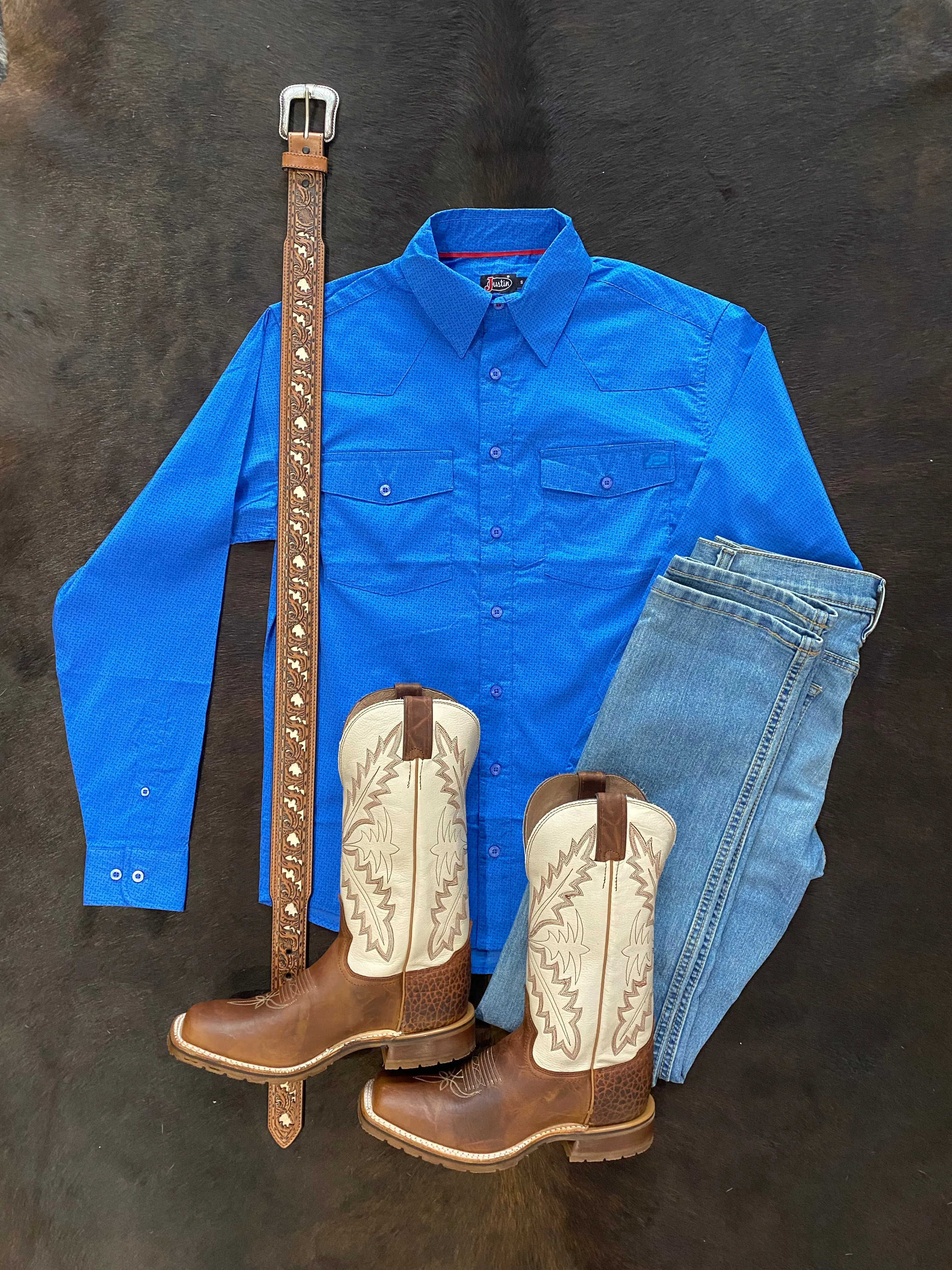 Justin Tech Men's Blue Diamond Plate Long Sleeve Shirt
