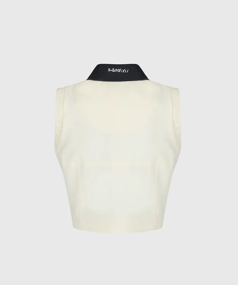 KANDINI Classic Contrast Collar Button-Up Vest - Cream