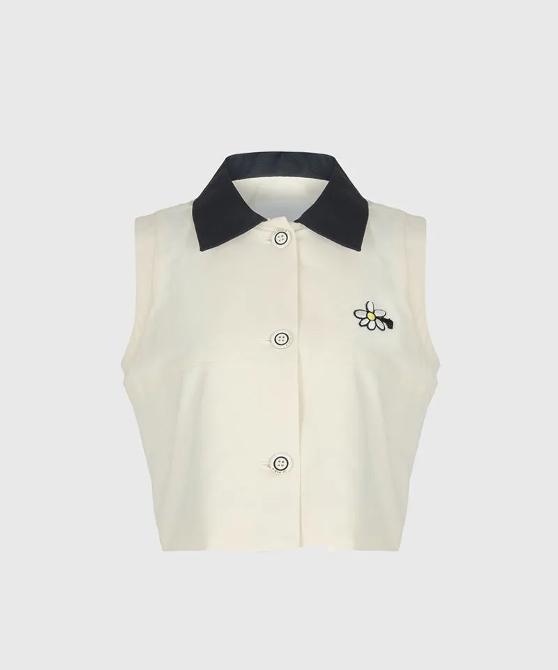 KANDINI Classic Contrast Collar Button-Up Vest - Cream