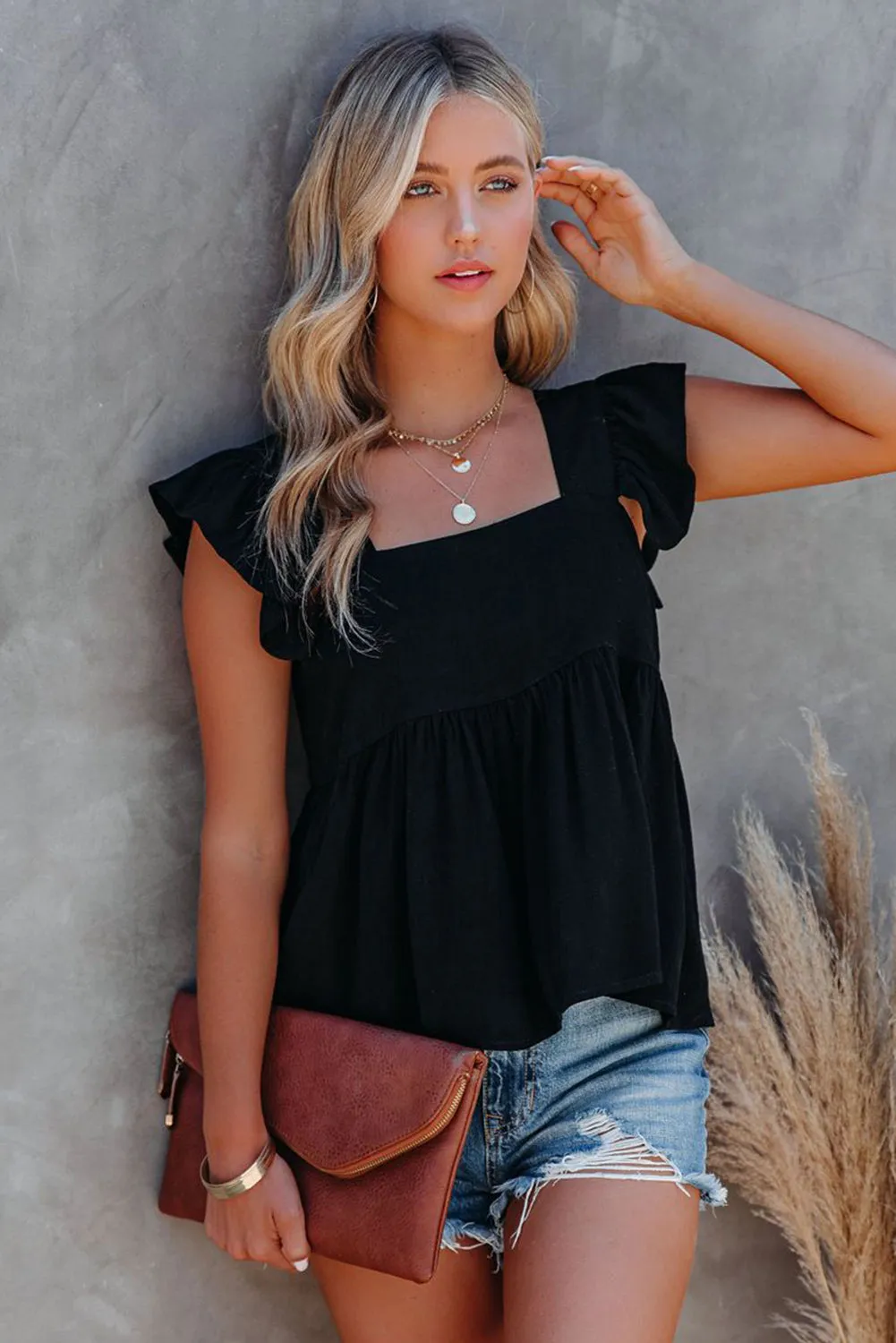 Khaki Flutter Shoulder Babydoll Top