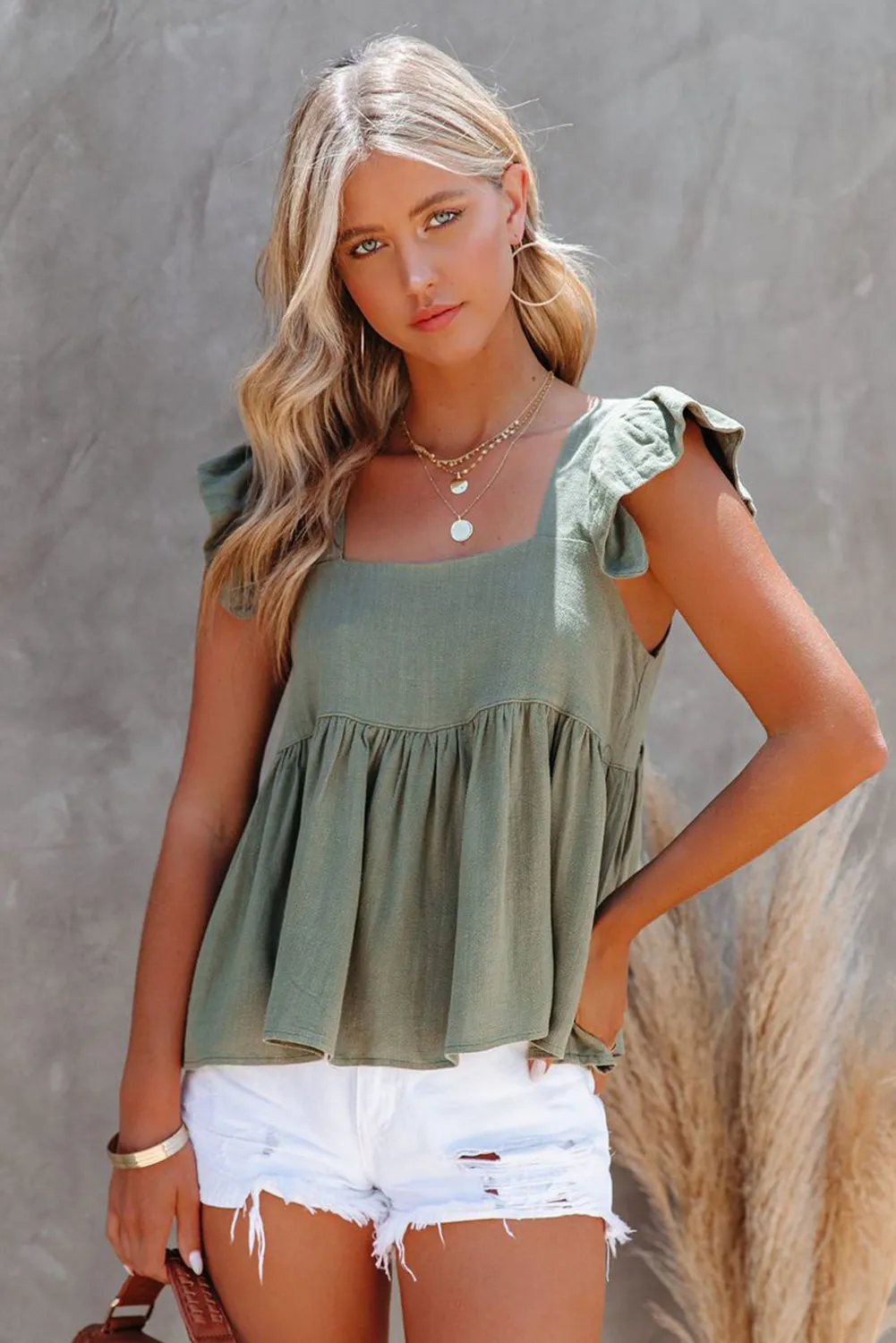 Khaki Flutter Shoulder Babydoll Top