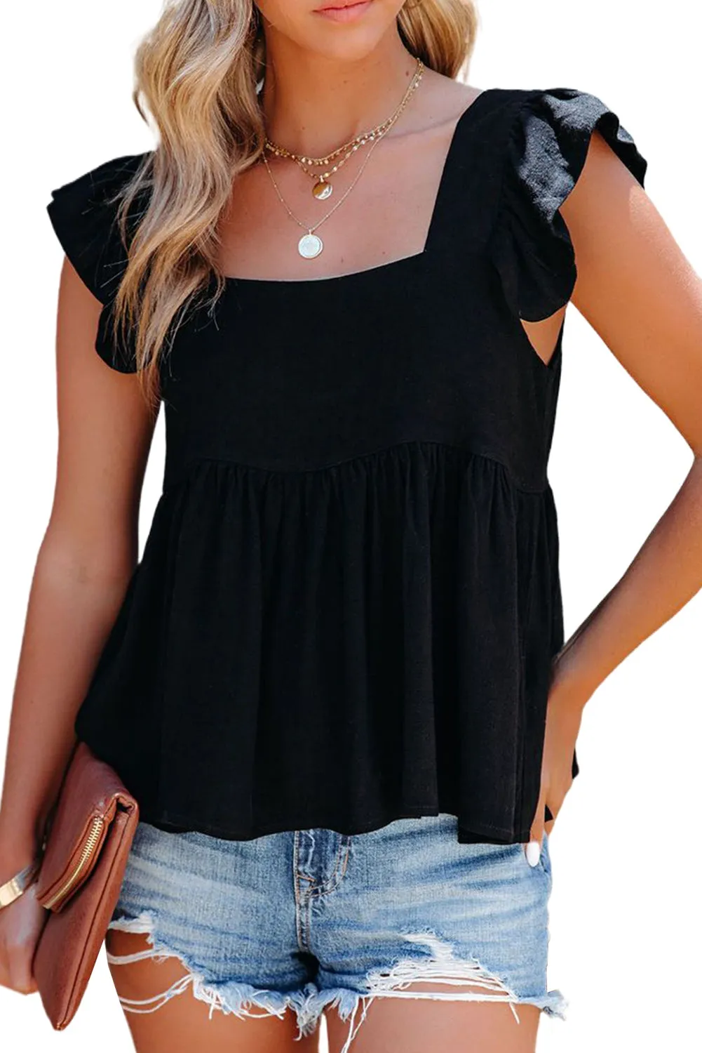 Khaki Flutter Shoulder Babydoll Top