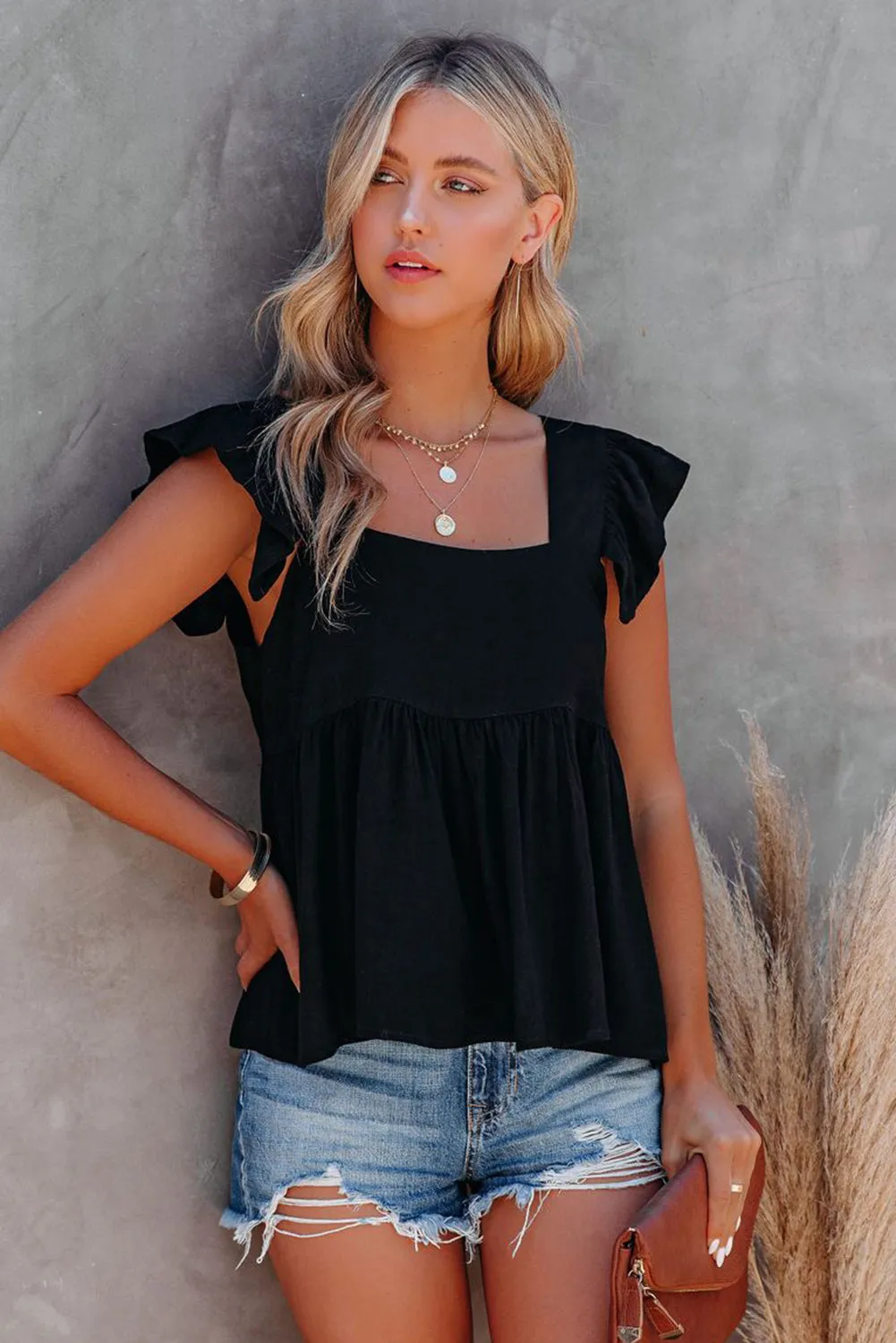 Khaki Flutter Shoulder Babydoll Top
