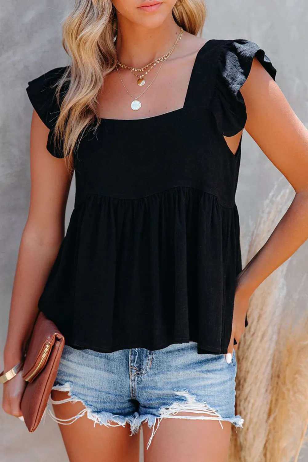 Khaki Flutter Shoulder Babydoll Top
