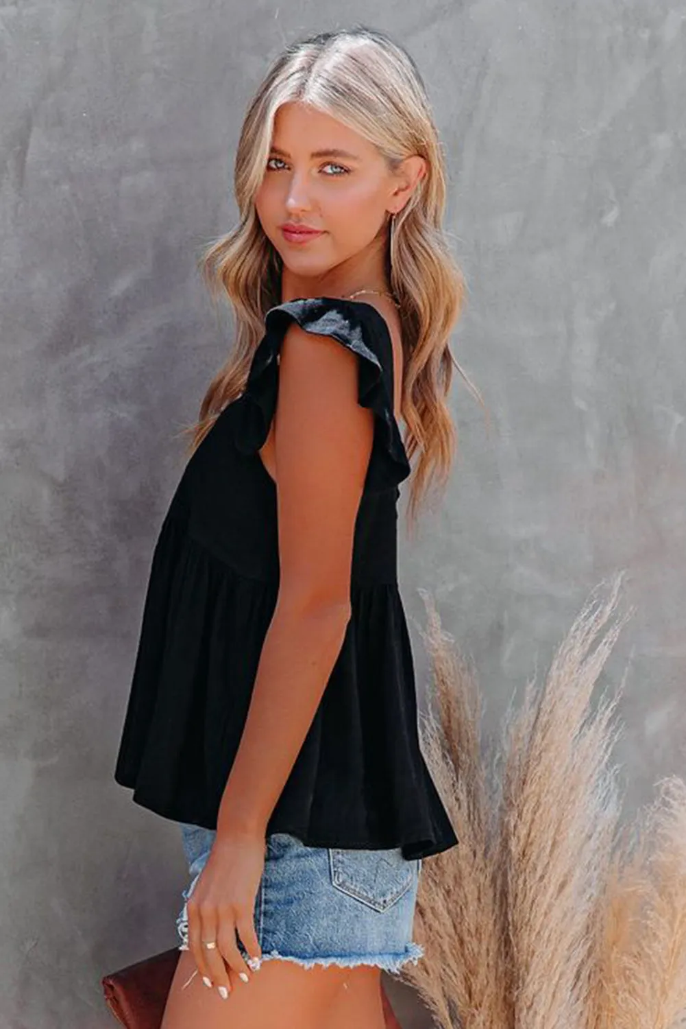 Khaki Flutter Shoulder Babydoll Top