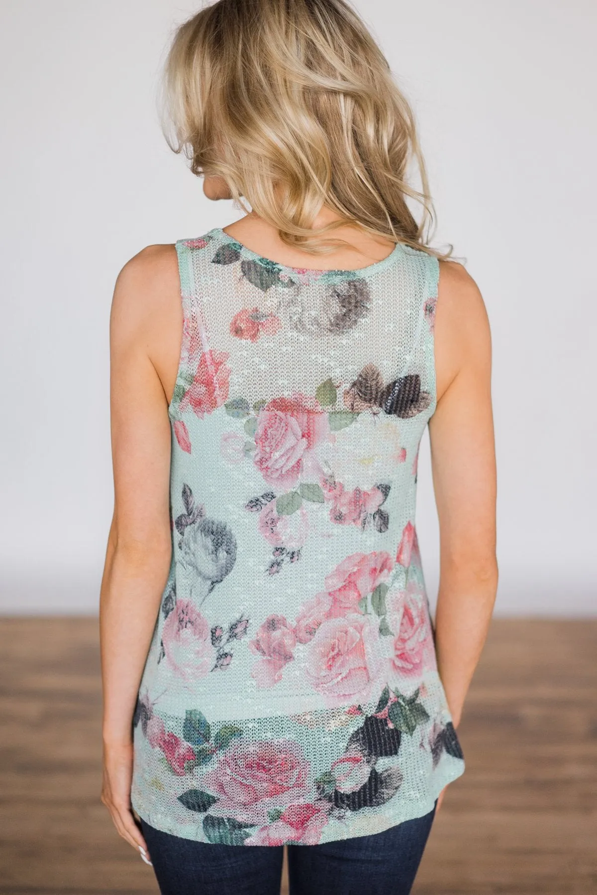 Knit Floral Tank Top- Blue