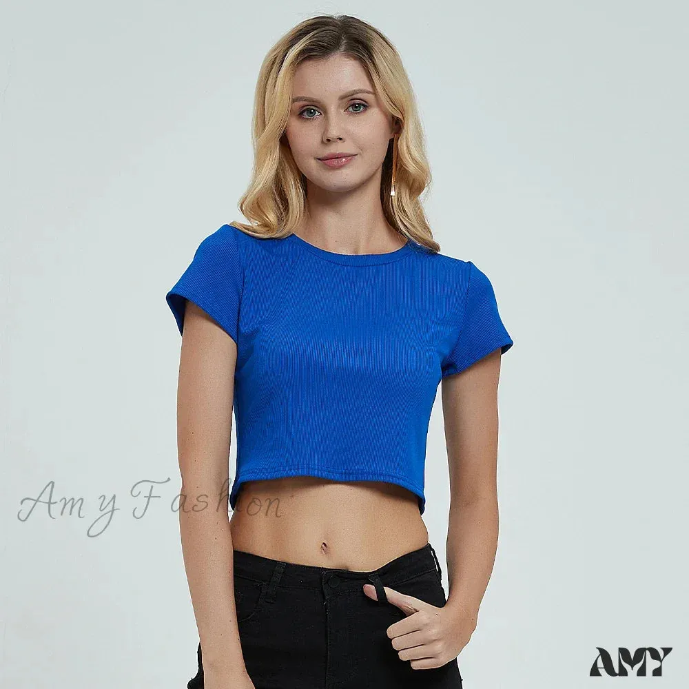 Knit New Short Sleeve O Neck Summer Casual Ribbed Basic Sexy Streetwear Crop Top