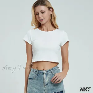 Knit New Short Sleeve O Neck Summer Casual Ribbed Basic Sexy Streetwear Crop Top
