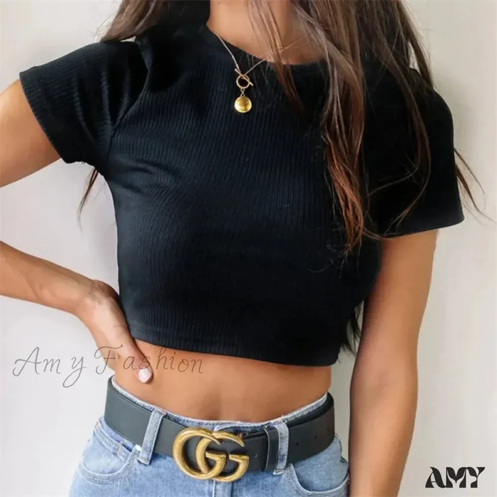 Knit New Short Sleeve O Neck Summer Casual Ribbed Basic Sexy Streetwear Crop Top